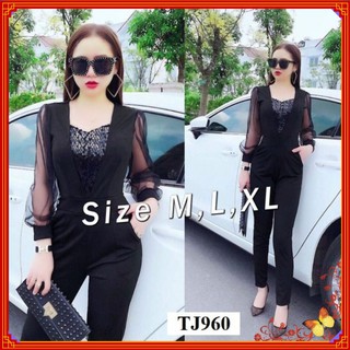 Jumpsuit Đẹp 💝FREESHIP💝 Jum dài tay phối lưới đính kim sa ngực xinh xắn J960