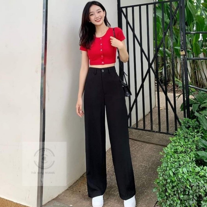 Quần ống rộng lưng cao nữ vải mềm khóa trước công sở màu đen trơn dáng dài - Quần tây ống suông nữ cạp cao đi học sinh