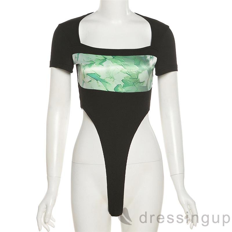 Áo Liền Quần Tay Ngắn Cổ Vuông Dáng Ôm Phối Màu Tương Phản Thời Trang Cho Nữ | BigBuy360 - bigbuy360.vn