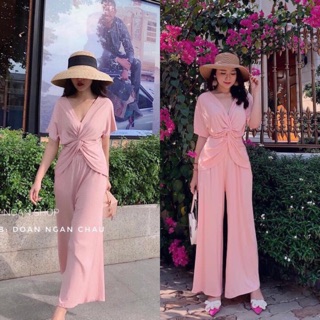 Set áo thun xoắn eo và quần ống suông