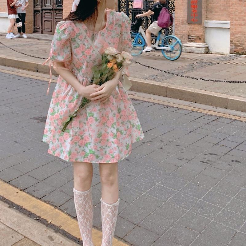 Đầm Búp Bê Tay Phồng In Hoa Kiểu Pháp Dễ Thương