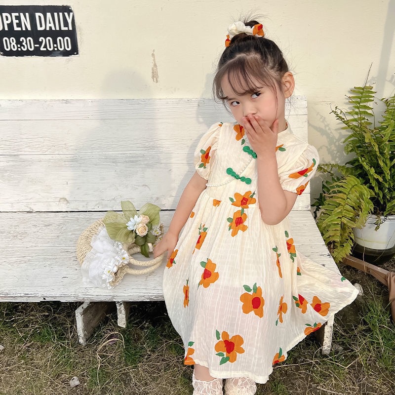 Đầm Sườn Xám Ngắn Tay In Hoa Cho Bé Gái