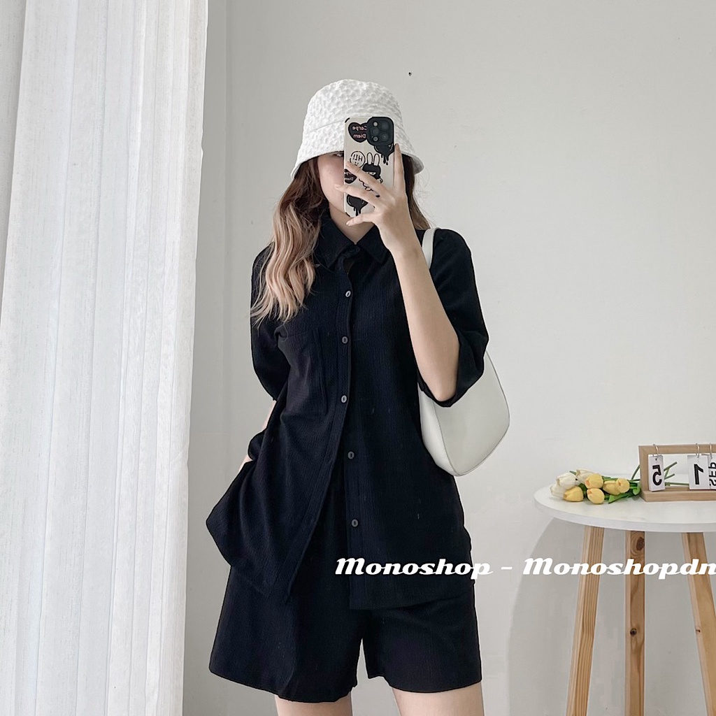 SET SƠ MI NHĂN 1 túi quần đùi lưng chun - Ánh thật/sẵn