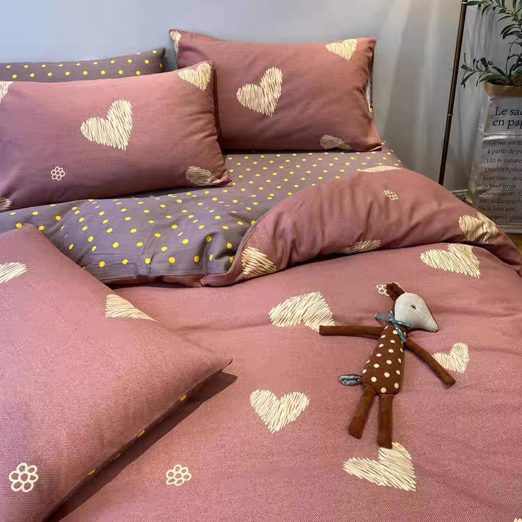 Bộ chăn ga gối Cotton Poly tim hồng nâu
