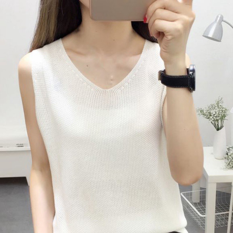 Áo Dệt Kim Nữ Sát Nách Cổ Chữ V Màu Sắc Kẹo Ngọt | BigBuy360 - bigbuy360.vn