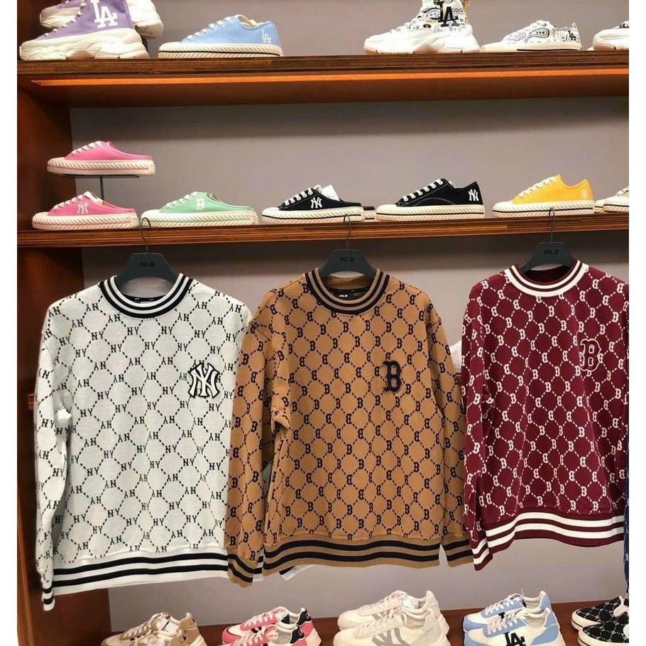 ÁO NỈ M L B TAY DÀI SWEATER NỈ DA CÁ MONOGRAM BOSTON NY MẪU MỚI HOT