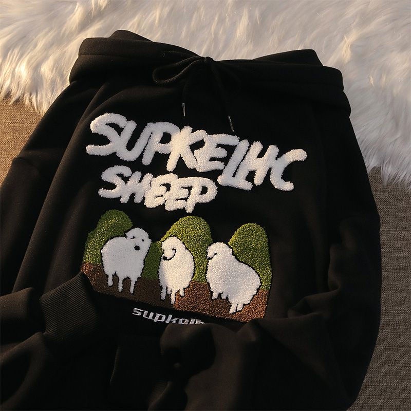 Áo Hoodie Lông Cừu Thêu Họa Tiết Dễ Thương Phong Cách Retro