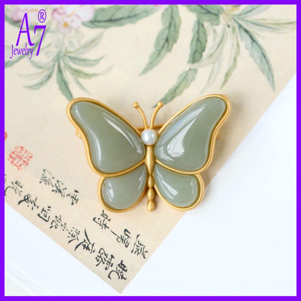 Ghim Cài Áo Hình Bướm Bằng Ngọc Bích Trắng S925 Mạ Vàng 18K Chống Thấm Nước Phong Cách Vintage
