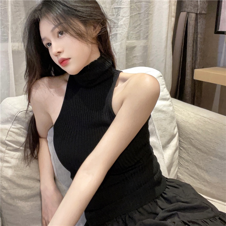 Áo Hai Dây Áo Croptop Áo Dệt Kim Sát Nách Cổ Lọ Form Ôm Phong Cách Hàn Quốc