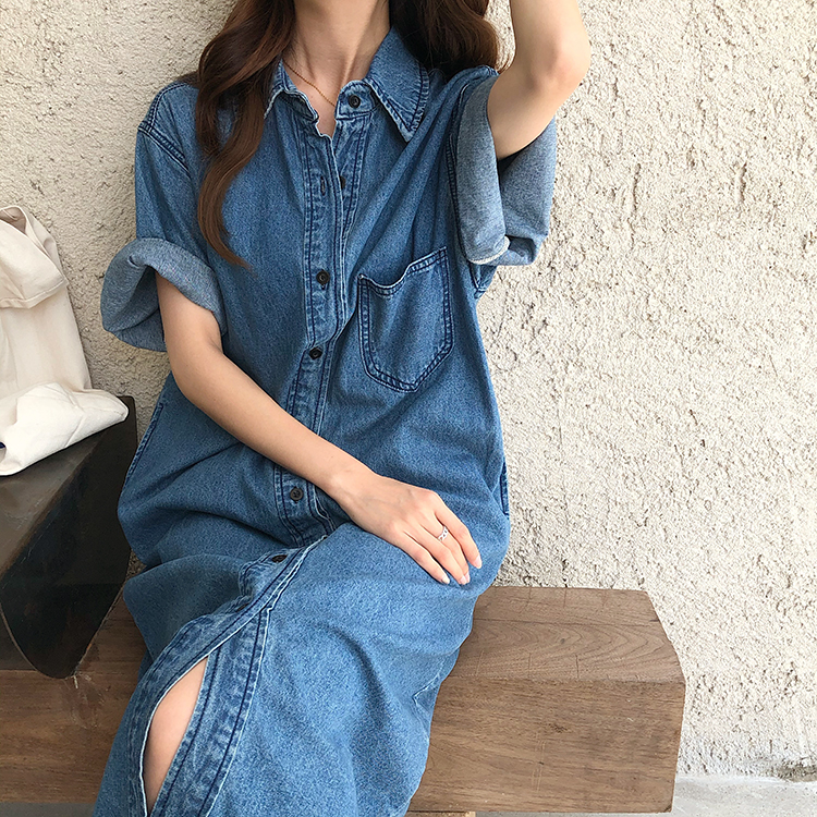 Đầm Sơ Mi Denim Tay Ngắn Cổ Cao Phong Cách Retro 36006 Dành Cho Nữ