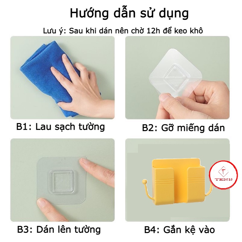 Giá để điện thoại, kệ để điện thoại dán tường siêu dính kèm 2 móc treo dây sạc, chìa khóa tiện lợi bàng nhựa