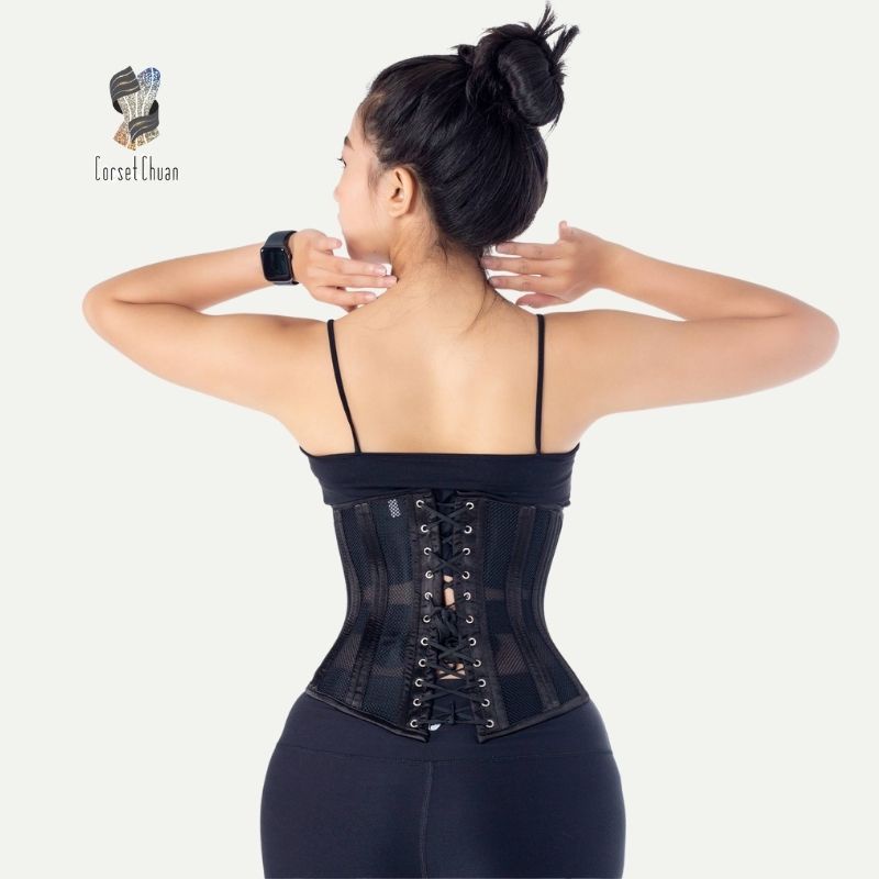 Đai nịt bụng Corset lưới Corset Chuẩn thắt dây phía sau siêu định hình eo màu đen