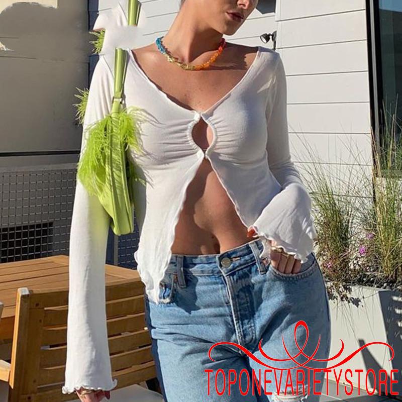 Áo thun tay dài cổ chữ V màu sắc nhã nhặn cho nữ