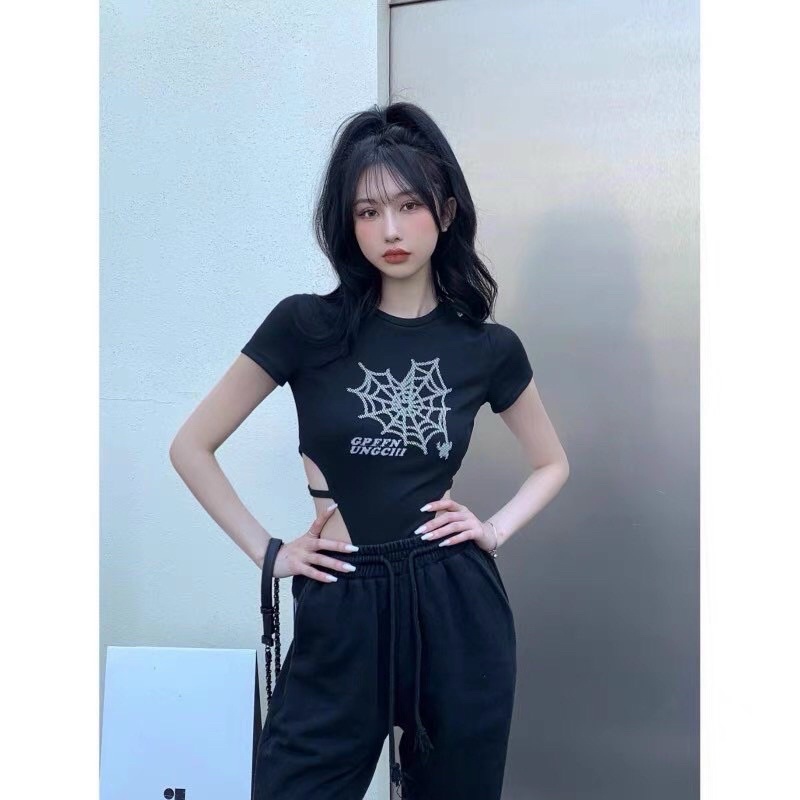 ÁO BODYSUIT CỔ TRÒN,  Áo Liền Quần Nữ Bodysuit Tay Ngắn Cổ Tròn In Họa Tiết Hở Eo Quyến Rũ ❤️❤️❤️N8777