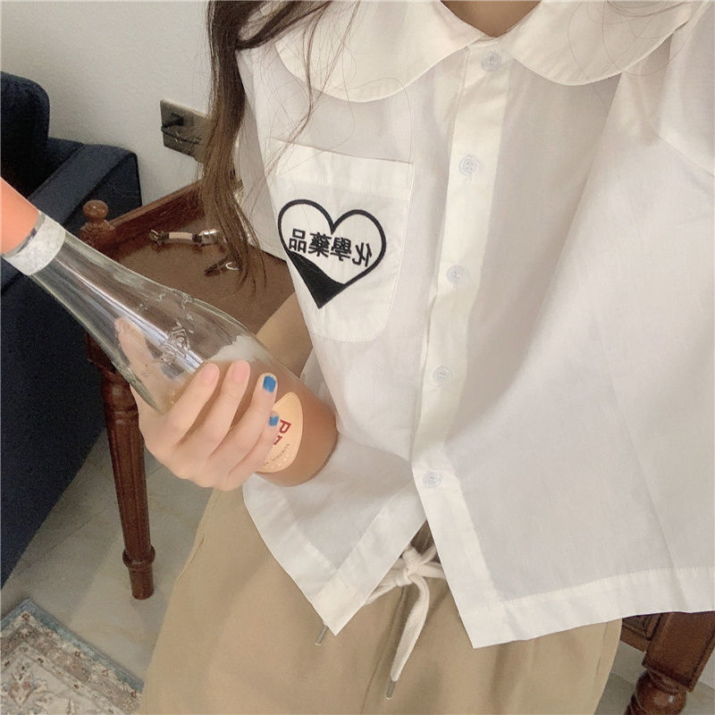 Yunyun Clothing Home ~ Summer College Style Embroidery Design Feeling Thin Shirt Baby Collar Shirt + Pants Two Piece Set[delivery Within 15 Days ]