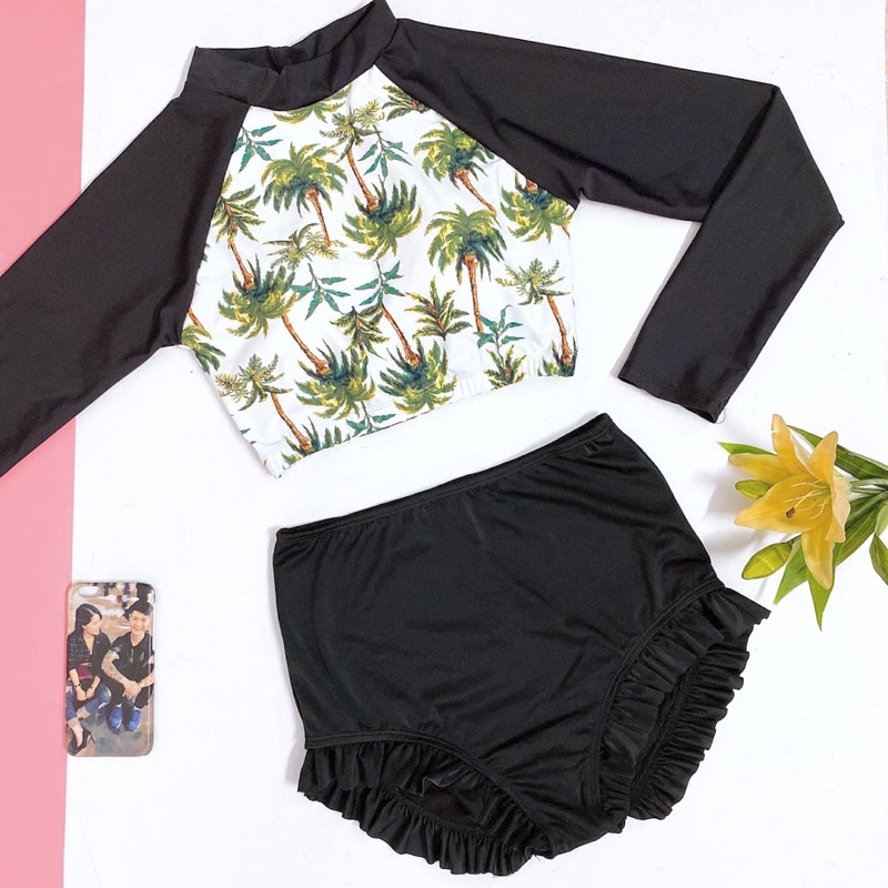 Đồ bơi đi biển nữ bikini 2 mảnh croptop dài tay kín đáo kết hợp với quần đùi hoăc chân váy