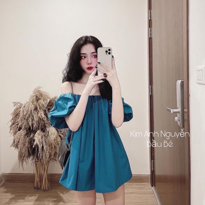 áo xanh trễ vai tay bồng