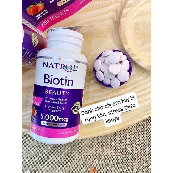 Viên kẹo ngậm Natrol Biotin Beauty 5000mcg 250 viên của Mỹ