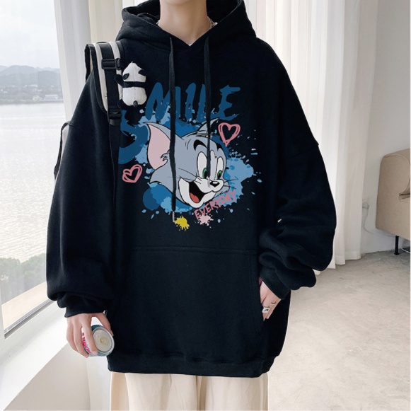 Áo Khoác Hoodie Cotton Dày Dáng Rộng In Họa Tiết Hoạt Hình Phong Cách Mỹ Thời Trang Cho Nam Size M-8XL