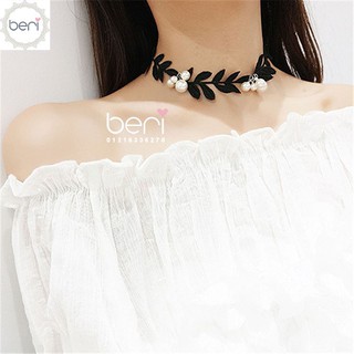 Dây chuyền choker ren chiếc lá BERI (Đen) - DC005