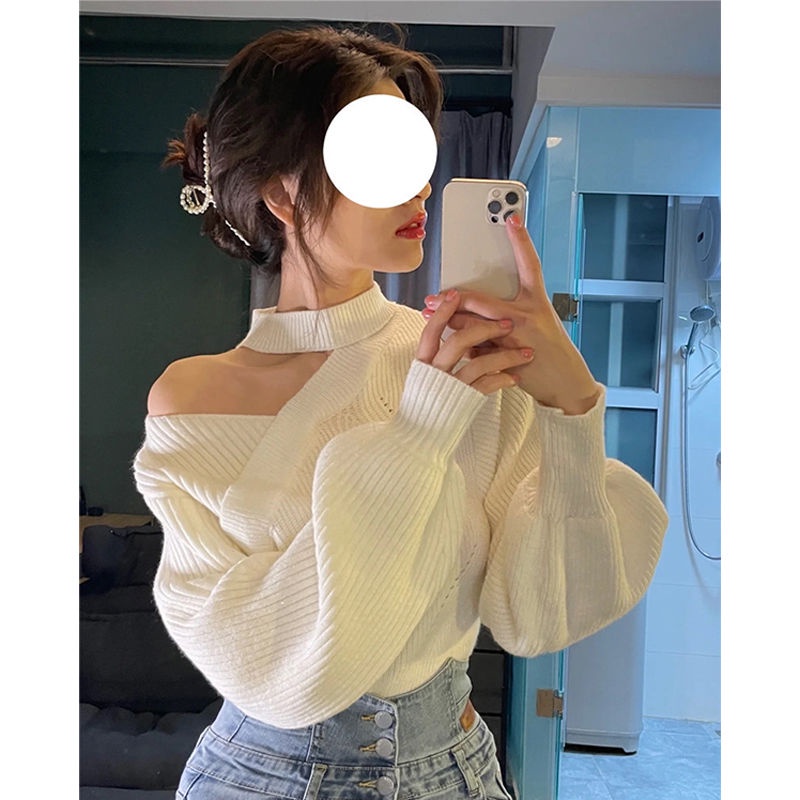 Áo Sweater Trễ Vai Dáng Ngắn Phong Cách Hàn Quốc Thời Trang Mùa Đông 2022