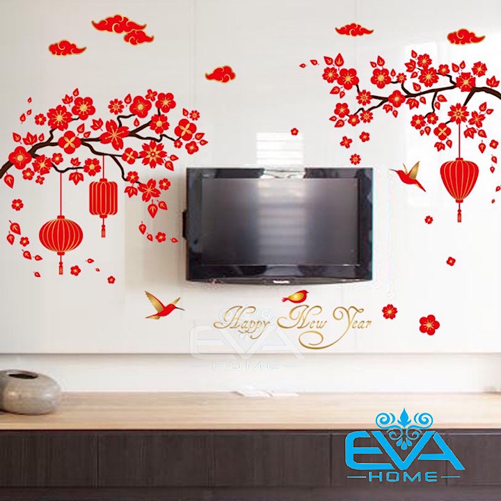 Decal Dán Tường Dán Kính Trang Trí Tết Họa Tiết Cành Hoa Đào Đỏ Và Đèn Lồng Đón Xuân SK9140