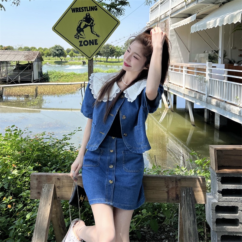 Set Áo Tay Ngắn Phối Ren + Chân Váy Denim Chữ A Lưng Cao Thời Trang Hàn Quốc Cho Nữ