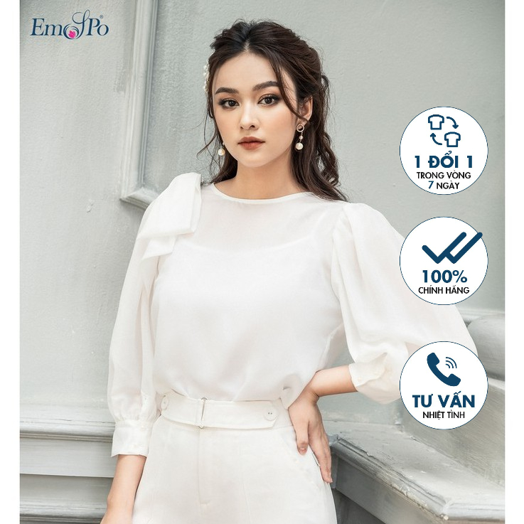 Áo Sơ mi cổ tròn Emspo Milestone, tay bồng, nơ cài, lót áo dây SML2635