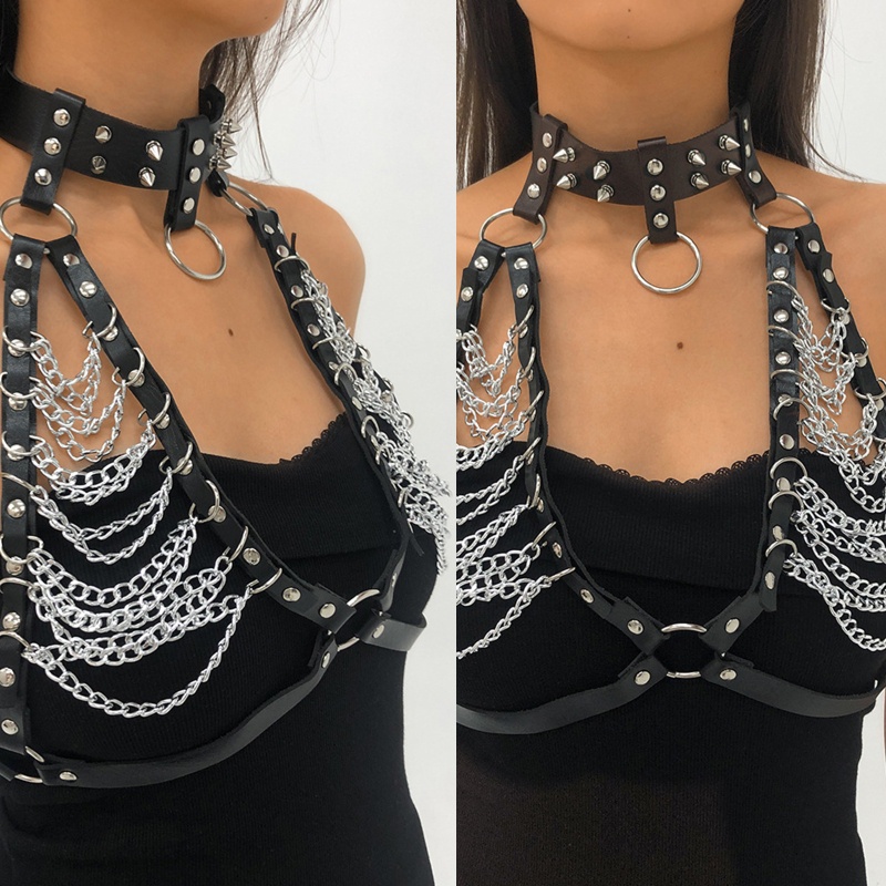 Dây Xích Đeo Cơ Thể Bằng Da Màu Đen Gợi Cảm Phong Cách Punk