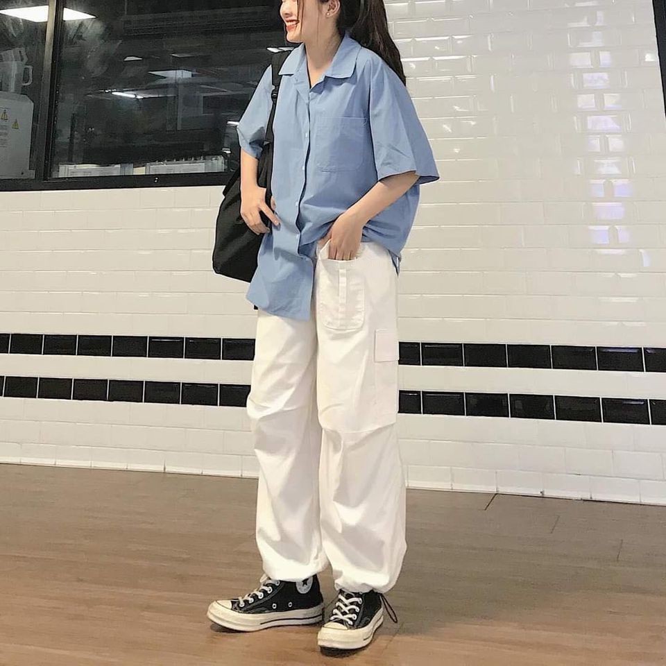 Áo sơ mi nữ cổ bẻ tay lỡ dáng ulzzang freesize form rộng unisex TRƠN MÀU XANH DƯƠNG | BigBuy360 - bigbuy360.vn