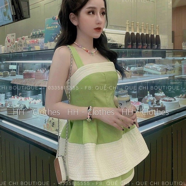 Sét bộ babydoll hai dây dáng xòe xếp ly phối quần đùi ống rộng xinh xắn dạo phố