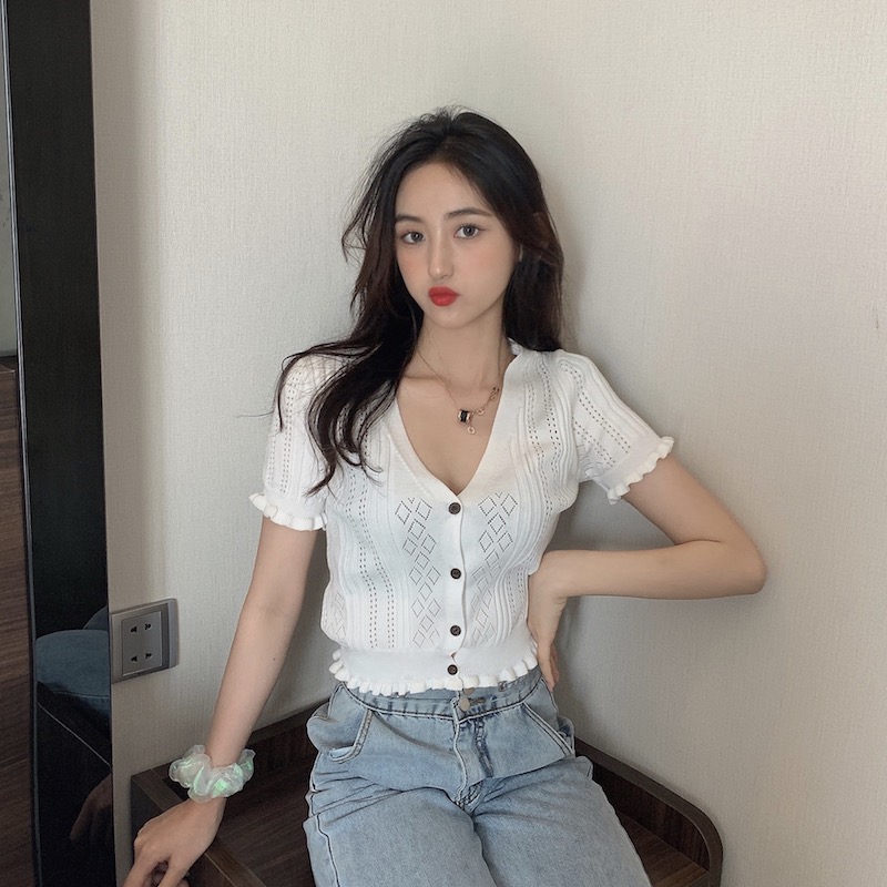 SUXI Áo Croptop Dệt Kim Tay Ngắn Thiết Kế Cổ Chữ V Thanh Lịch