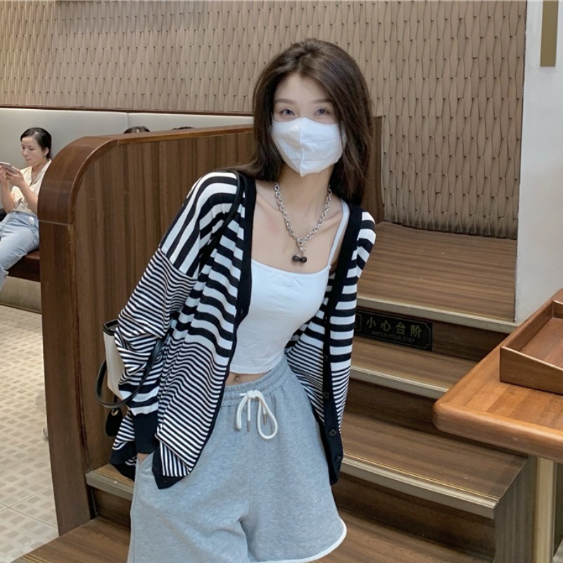 Áo Khoác Cardigan Dệt Kim Tay Dài Cổ Chữ V Hoạ Tiết Kẻ Sọc Cho Phái Nữ