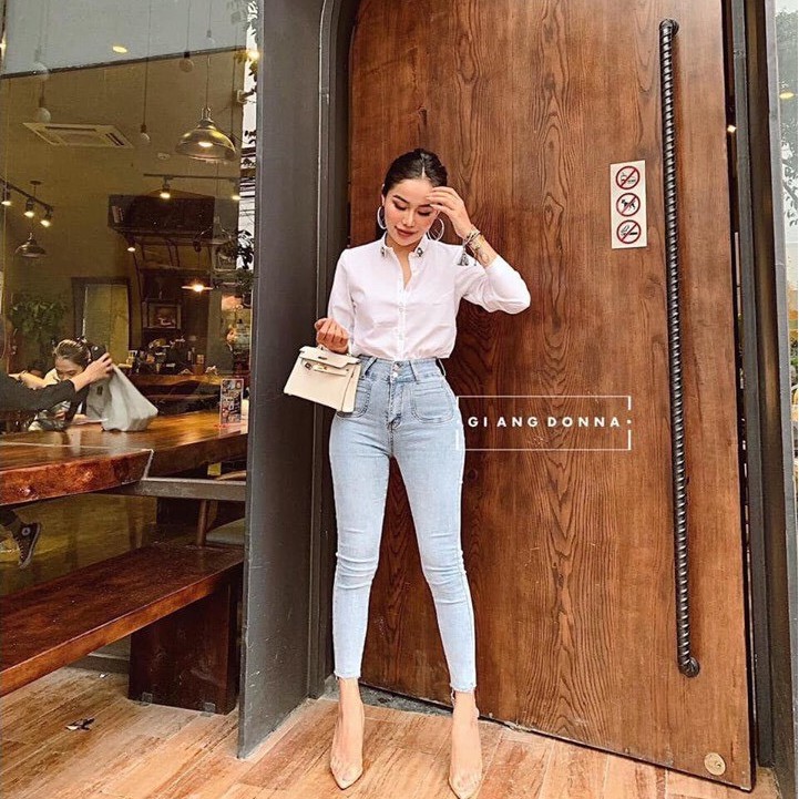 Quần Jean Nữ - Hàng VNXK, Quần Bò Chất Cotton Dáng Skinny Dài Ôm 2 Cúc, Ống Bó Cạp / Lưng Cao, 2 Màu Đen / Xanh Co Giãn | BigBuy360 - bigbuy360.vn