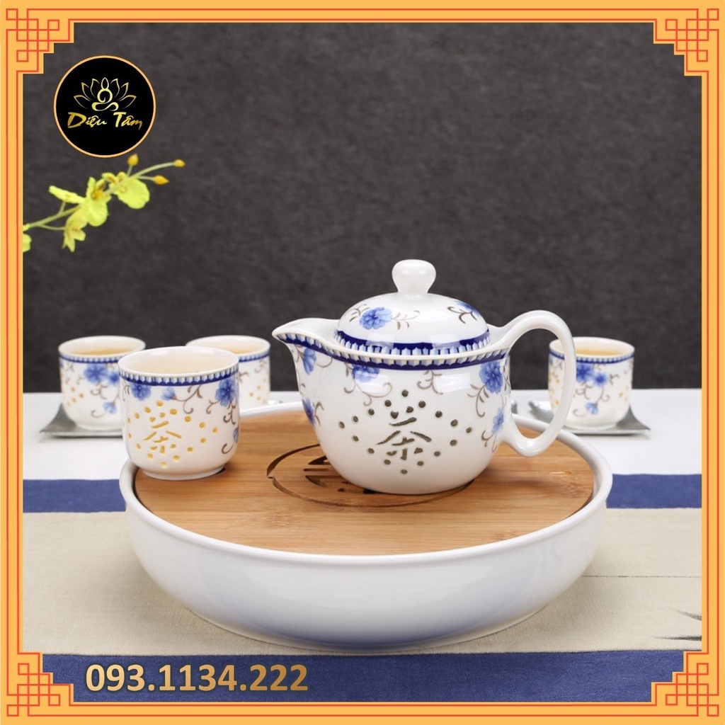 Bộ ấm chén trà gốm hoa vẽ tay cổ điển