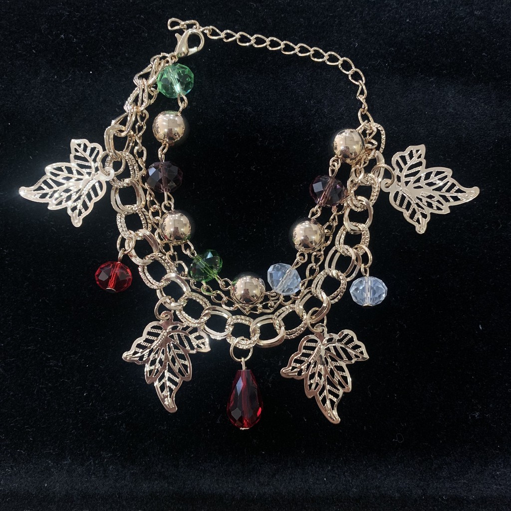 Vòng tay mạ vàng bộ 3 dây nối với nhau, vòng charm trái tim, chiếc lá và pha lê nhiều màu dễ thương mã CB12 | BigBuy360 - bigbuy360.vn