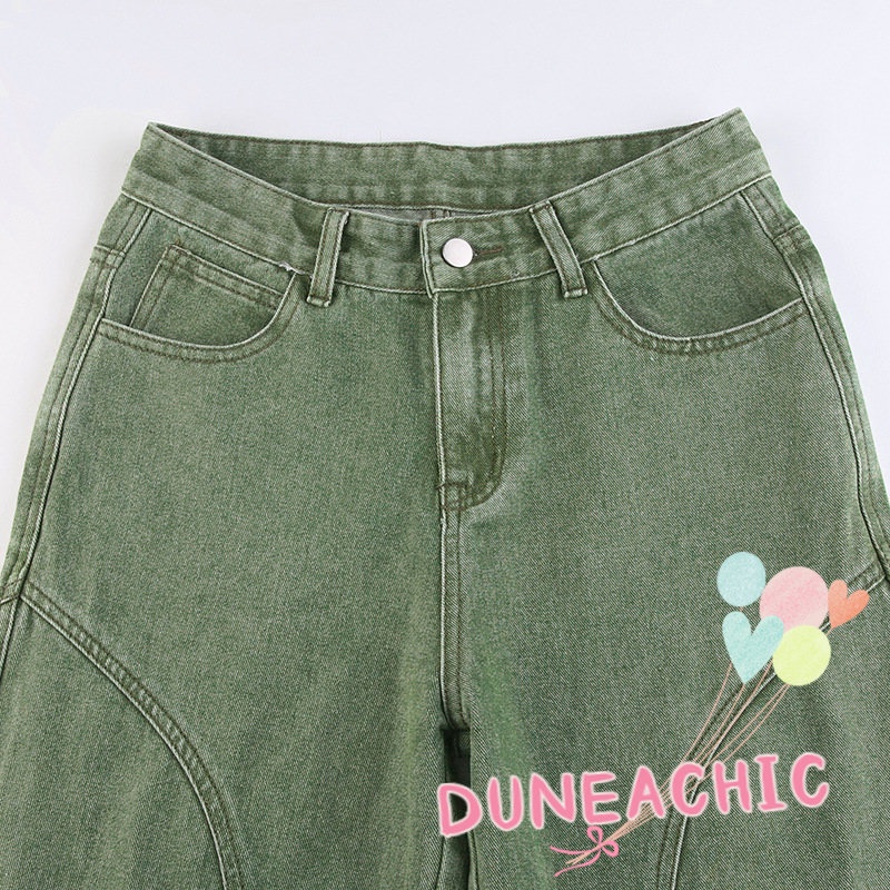 DUNEA Quần Denim Ống Rộng Phối Túi Phong Cách Vintage Cho Nữ