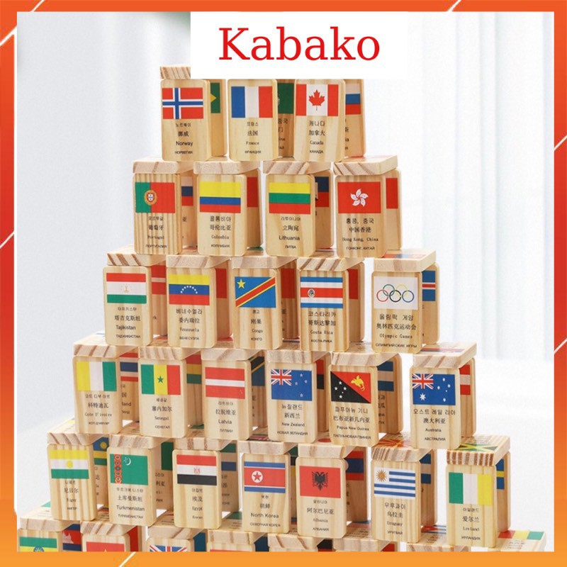 Domino gỗ 100 quân cờ các quốc gia cờ domino các quốc gia bằng gỗ 4 thứ tiếng giúp bé học tập và sáng tạo KABAKO KBK031