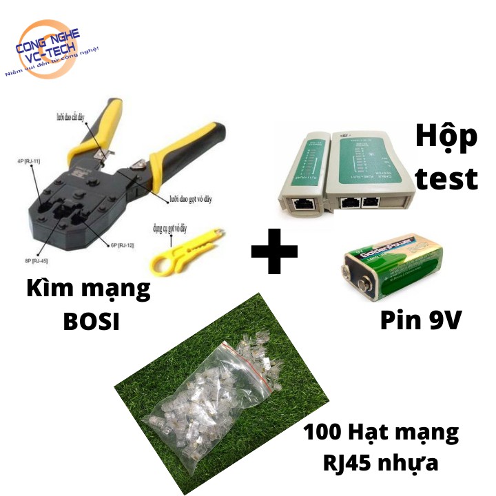 Combo(Kìm Bấm Mạng BOSI+100 Hạt Mạng RJ45+Hộp Test Mạng Kèm Pin 9V)-Bộ dụng cụ thi công mạng TIỆN LỢI VÀ KINH TẾ.