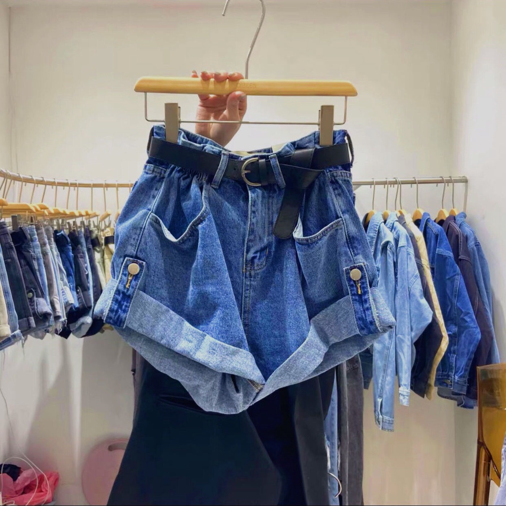 Quần short denim ống rộng lưng cao dáng chữ A nhiều màu sắc phong cách vintage thời trang cho nữ