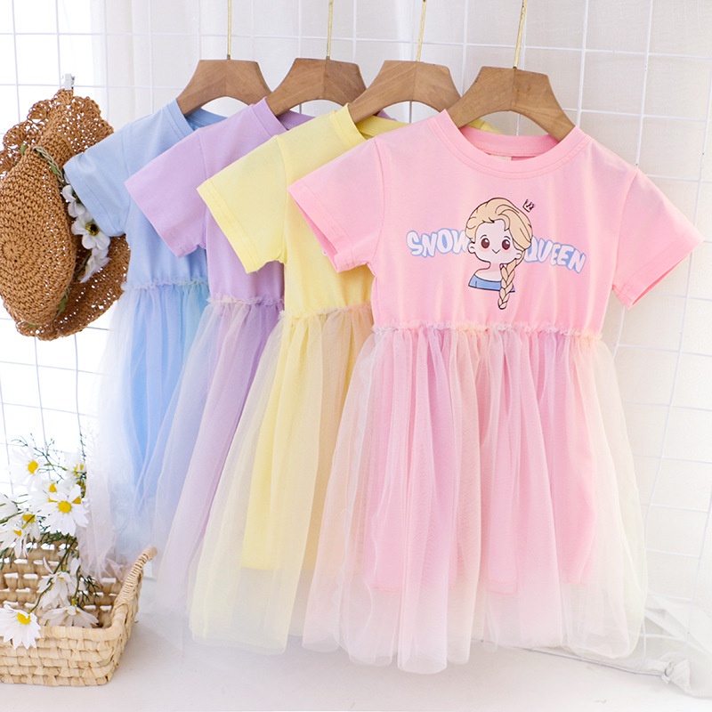 Đầm Cotton Ngắn Tay Cổ Tròn Phối Lưới Màu Cầu Vồng Thời Trang Mùa Hè Cho Trẻ Em