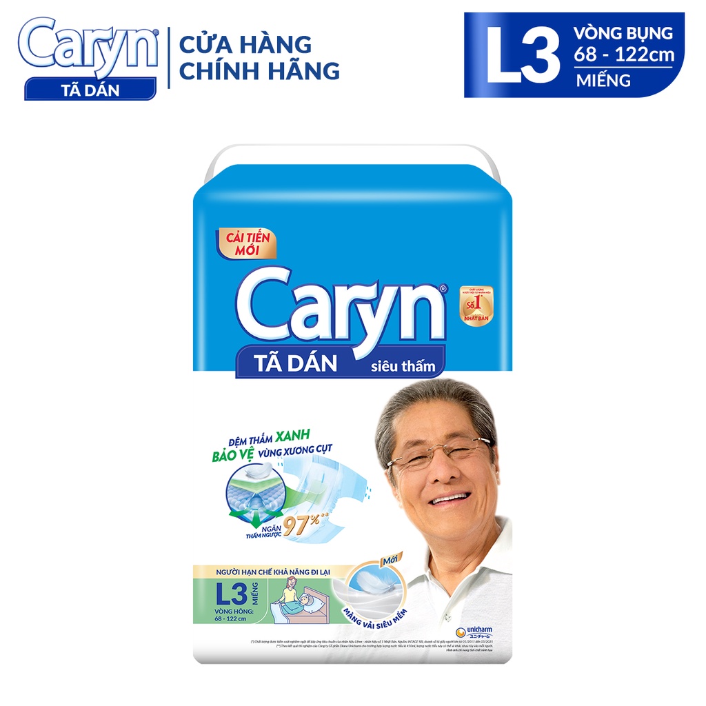 Tã Bỉm Dán Người Lớn Caryn Size ML(L) - 3 Miếng/10 Miếng Dành Cho Người Già Hạn Chế Khả Năng Đi Lại