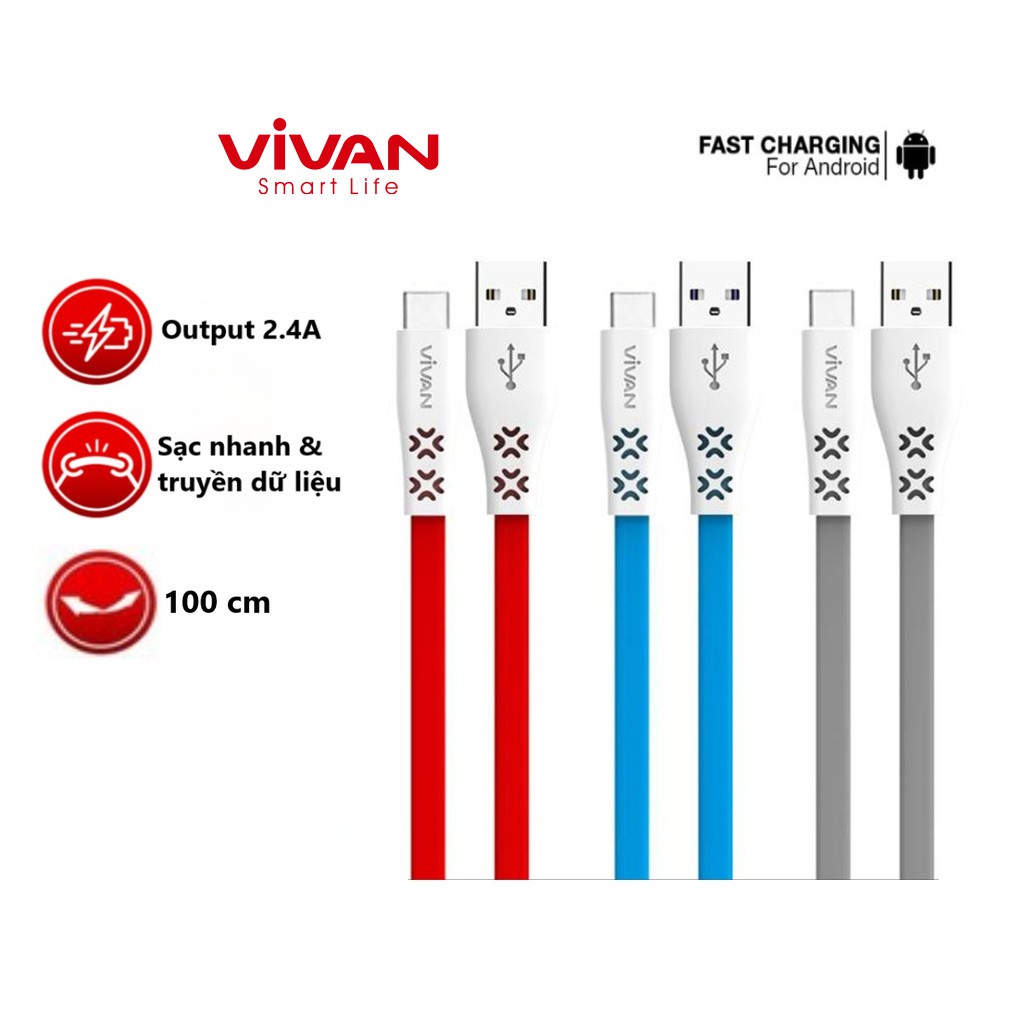 [Mã ELRVA30K giảm 7% đơn 99K] Cáp Sạc Type-C VIVAN CTC100 Loại Dẹt 1m Dung Cho Thiết Bị Android