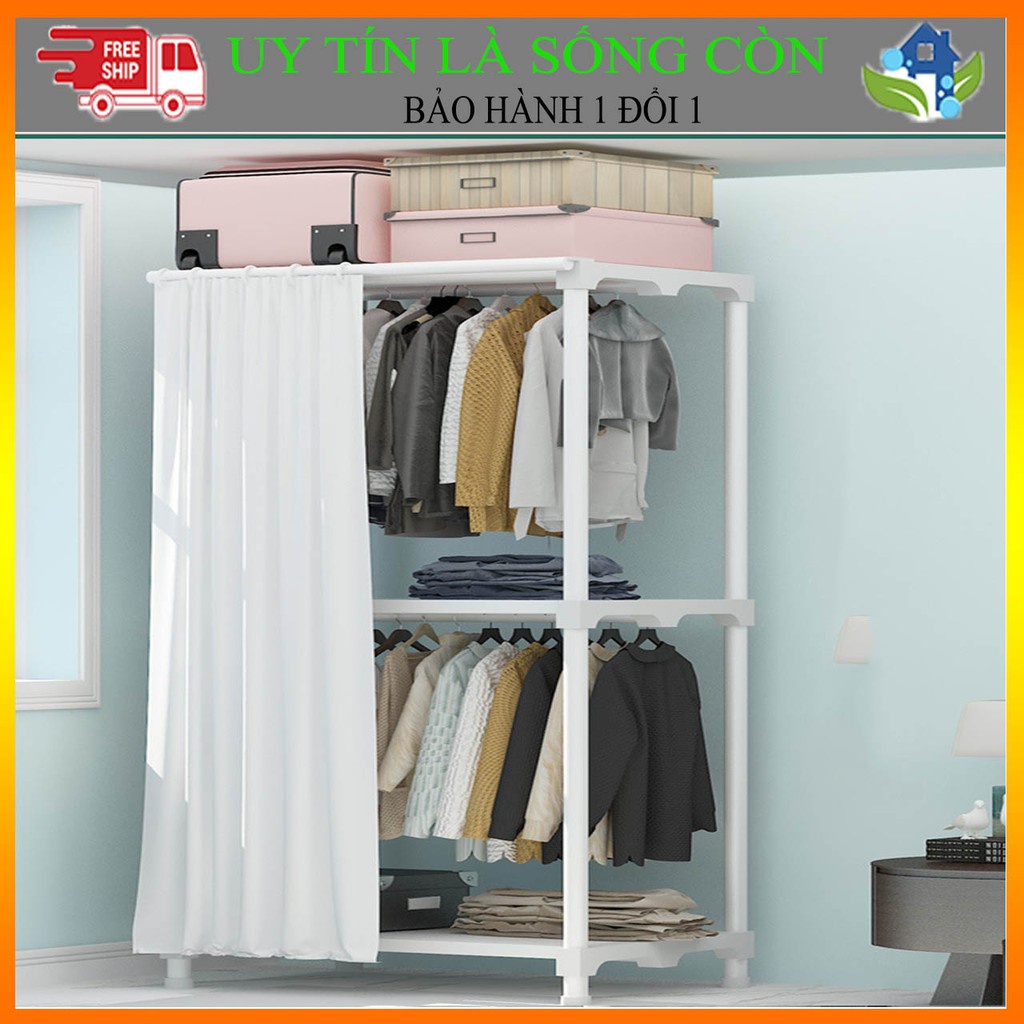 [HOT] Tủ treo quần áo có rèm kéo phủ, 2 tầng theo phong cách Hàn Quốc,Giàn treo quần áo 170x85x45cm
