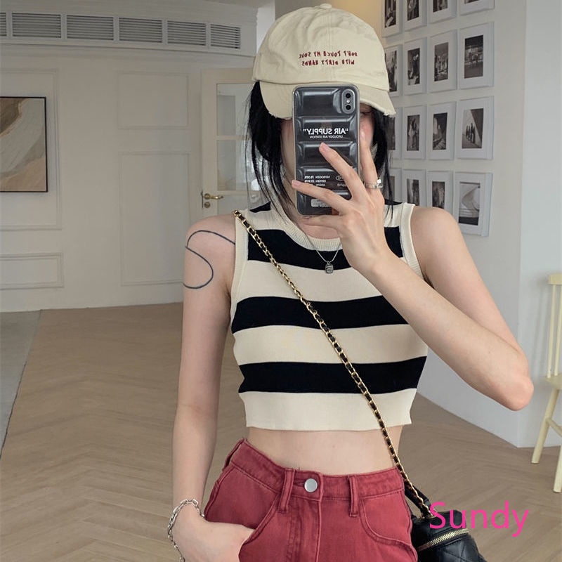 Áo Croptop Dệt Kim Sát Nách Kẻ Sọc Thời Trang Mùa Hè Cho Nữ
