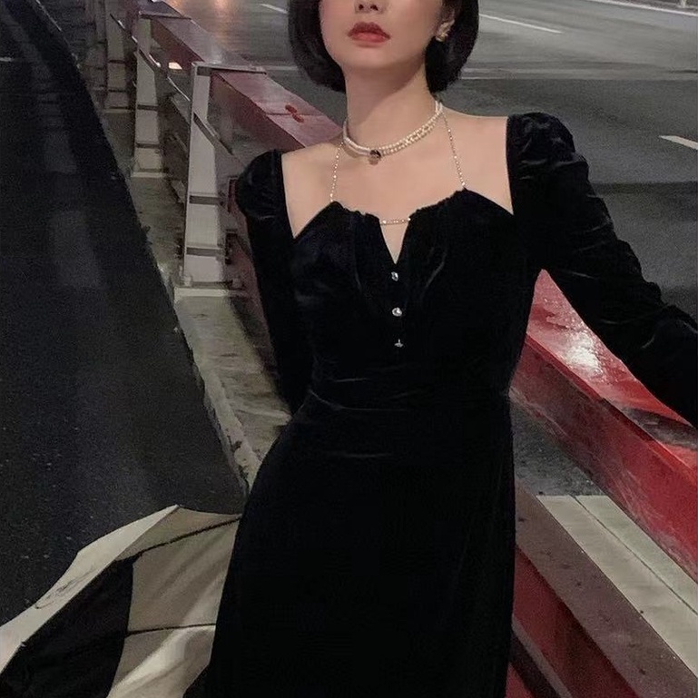 Đầm nhung đen tay phồng phong cách Pháp thời trang mùa thu cho nữ