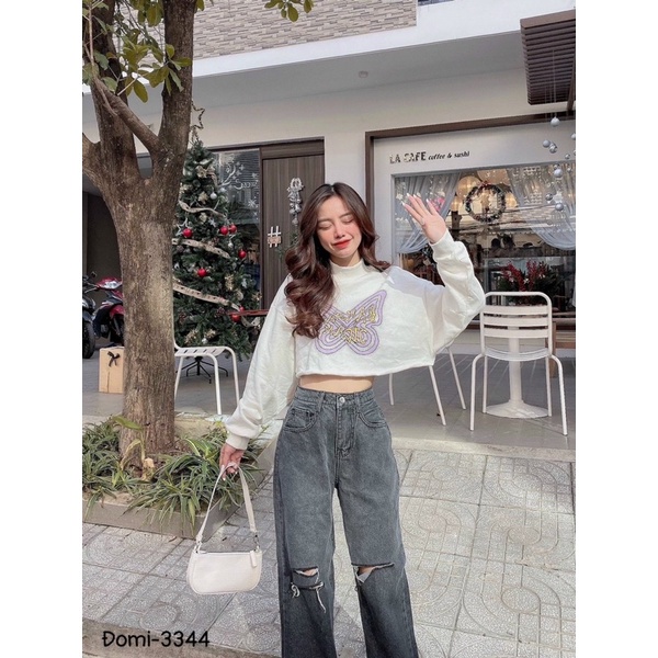 Quần Jeans Nữ Aiori Quần Suông Jeans Ống Rộng Rách Gối Loang Màu Xám, Chất Jeans Cotton Cực Xịn_Mã 3344