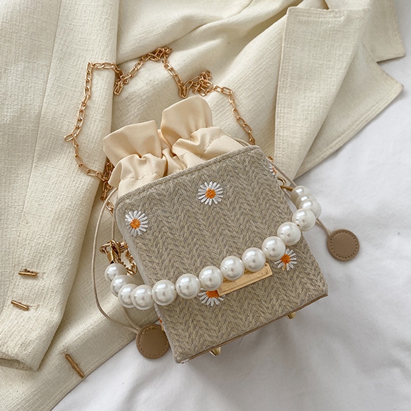 Túi cói Đan Lát Hình Tròn Đính Ngọc Trai Giả Thời Trang