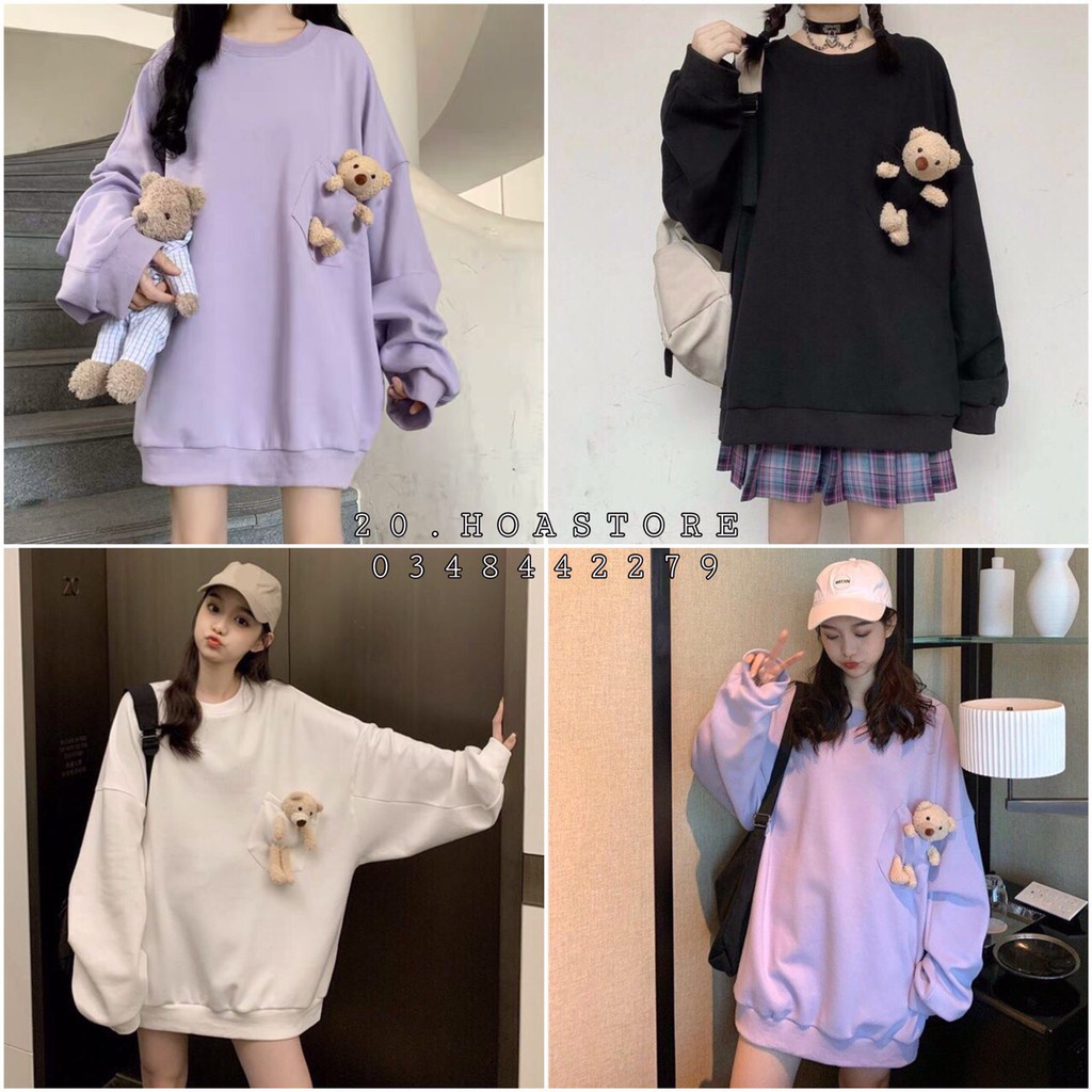 (TẶNG GẤU) ÁO SWEATER TAY DÀI CỔ TRÒN PHỐI TÚI HÌNH GẤU BÔNG CUTE TÍM ĐEN TRẮNG - ÁO NỈ GẤU - Student Autumn Casual Loos