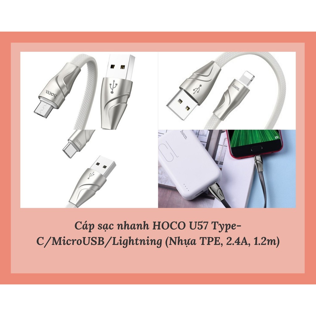 Cáp sạc nhanh HOCO U57 Type-C/MicroUSB/Lightning (Nhựa TPE, 2.4A, 1.2m)